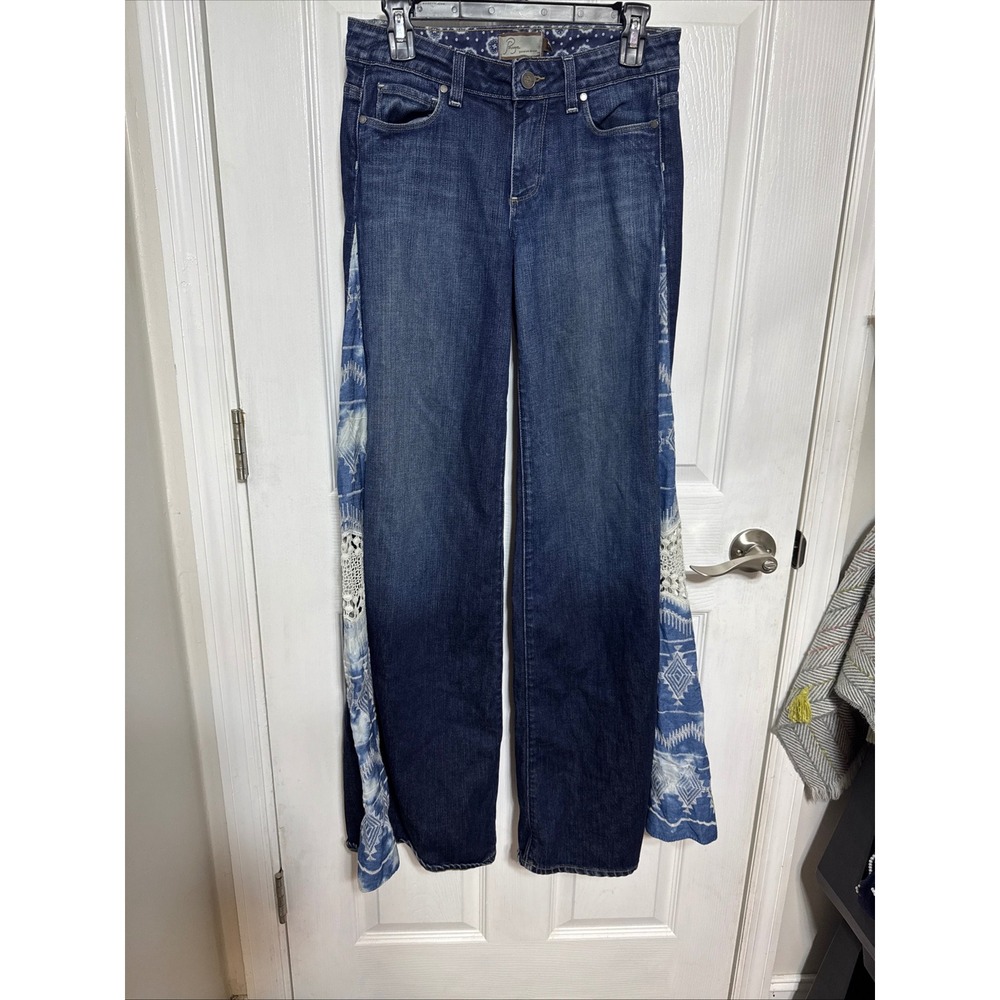 Paige Premium Denim Boho Wide Leg Jeans Crochet Ikat Side Panel Dark Wash 27